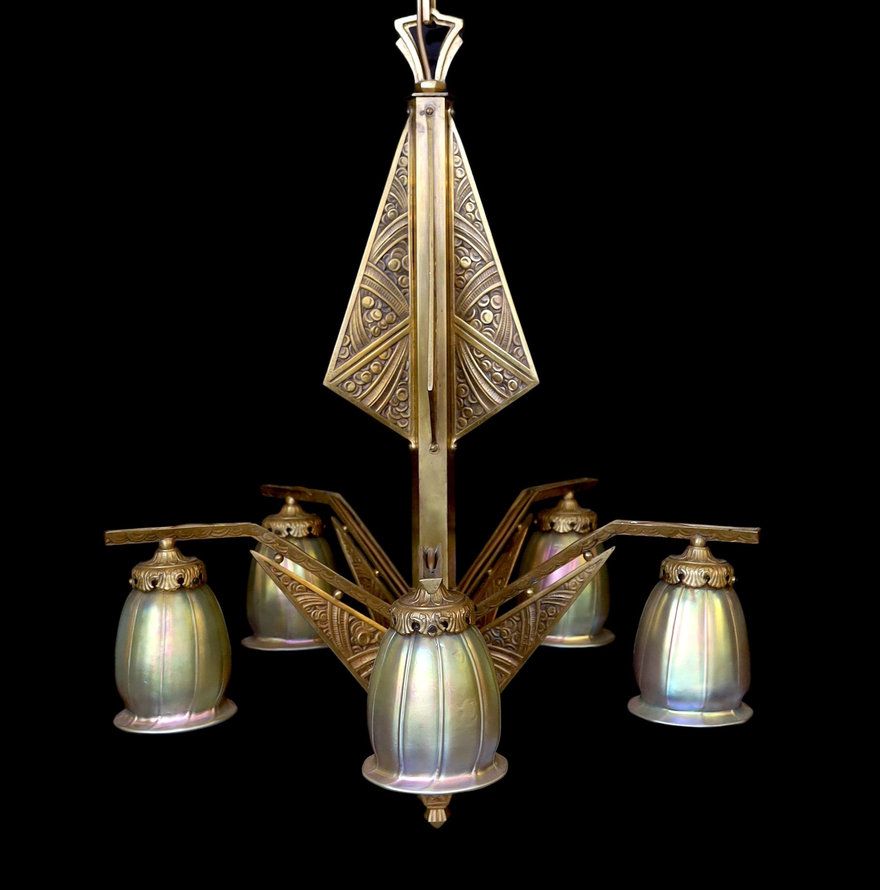 A French Art Deco Valinale de Sevres gilt bronze five light chandelier, of stylish geometric design with iridescent gold tinted glass shades, height 100cm. width 65cm